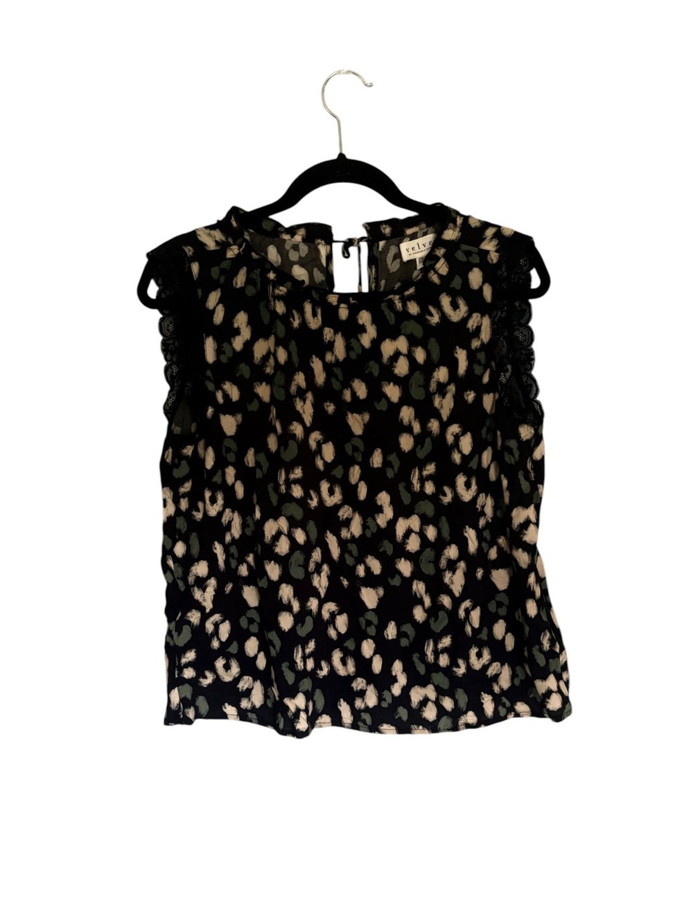 Velvet by Graham & Spencer Leopard Print Lace Trim Blouse Black Beige Green, S